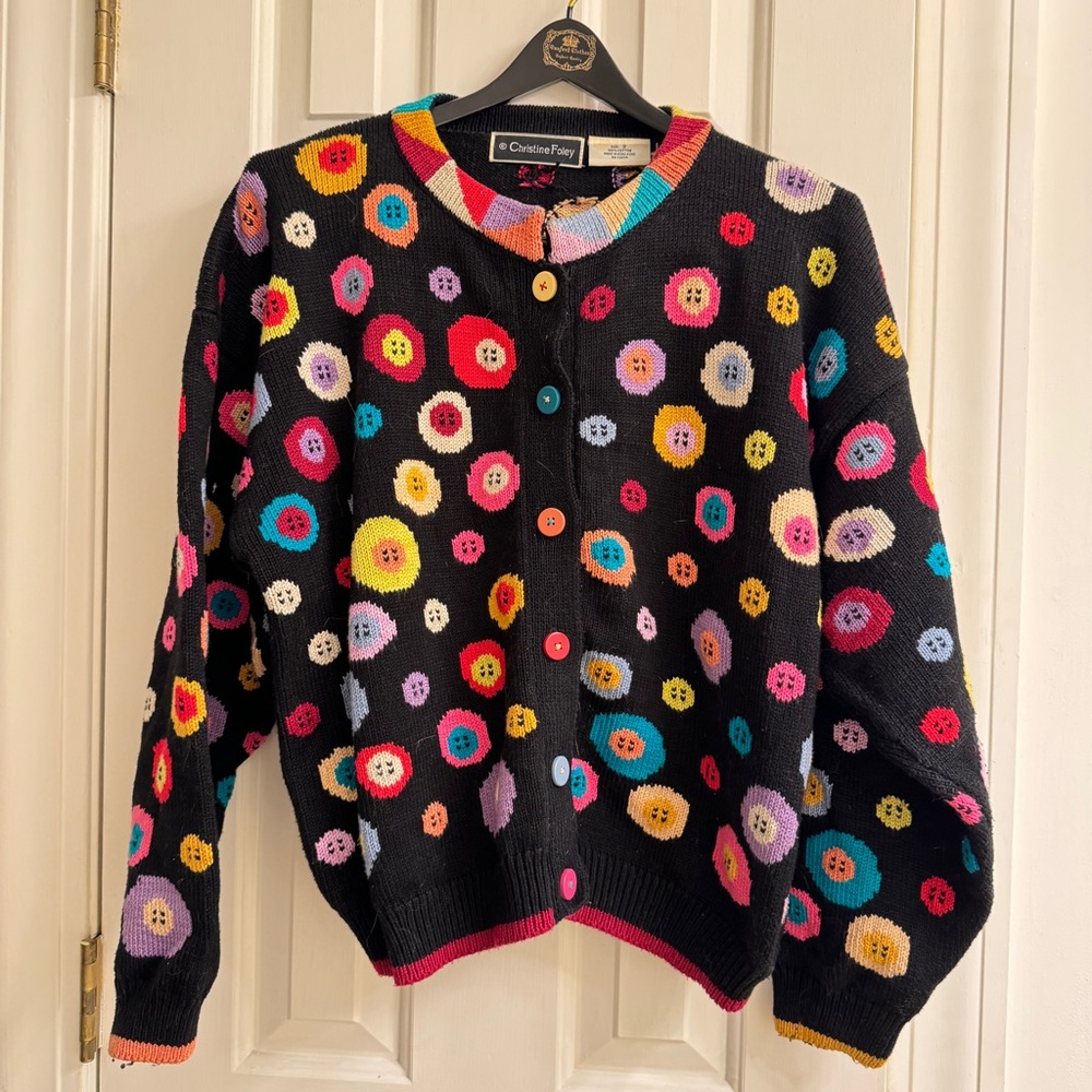 Vintage Christine Foley 1990s Buttons Motif Heavy-Knit Cardigan Sweater